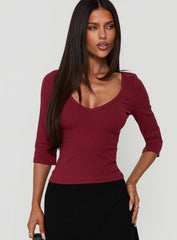 Baseline Rib V Neck 3/4 Sleeve Top Cherry Lacquer