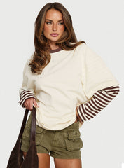 Ryann Long Sleeve Layered Top Cream / Brown Stripe