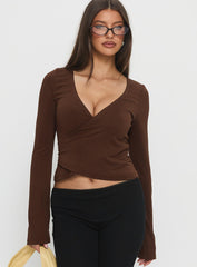Stefanee Long Sleeve Wrap Top Brown