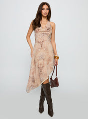 Zolena Halter Asymmetrical Midi Dress Multi