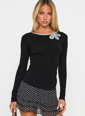 Double Back Floral Cut Out Long Sleeve Top Black