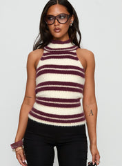 Heide High Neck Fluffy Top Burgundy Stripe