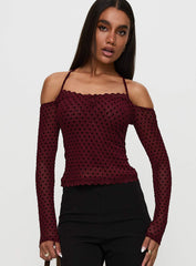 On My Side Off Shoulder Tie Neck Top Burgundy