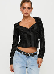 Set For Life Foldover Detail Long Sleeve Top Black / White Pinstripe