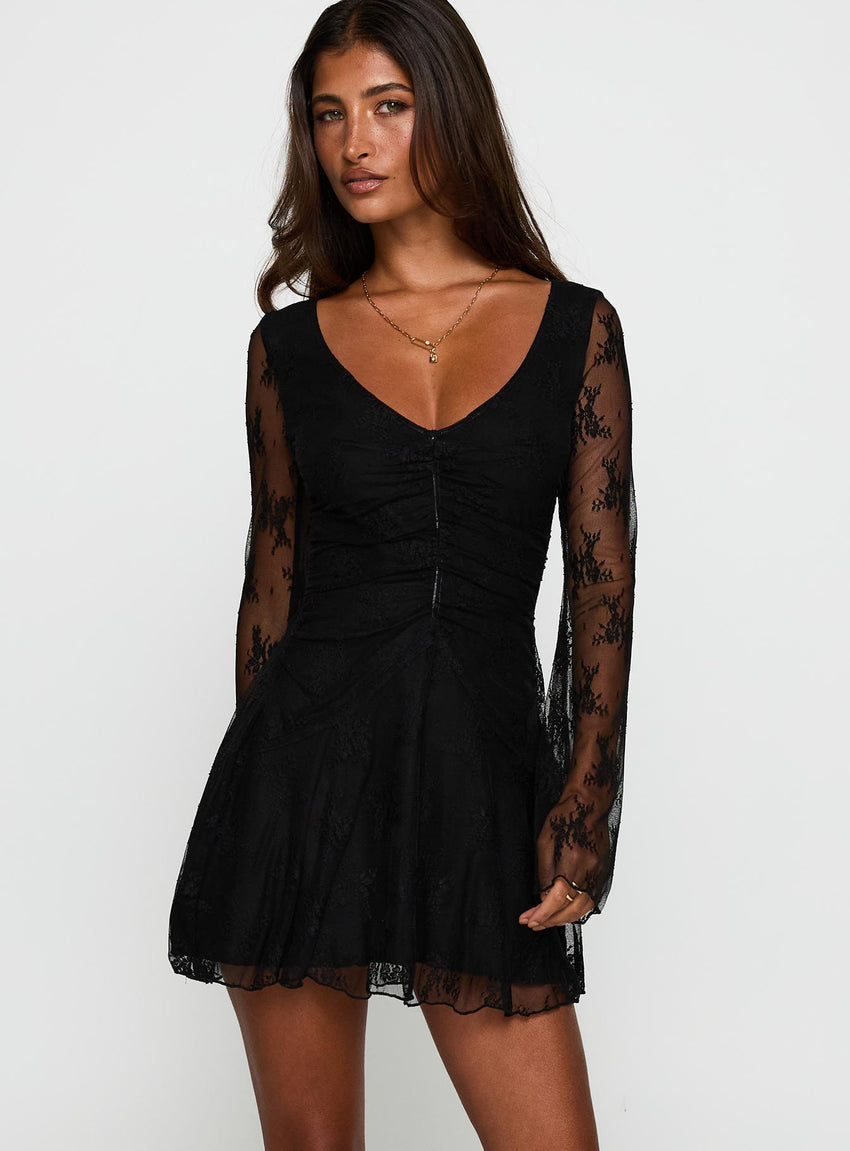 Kateryna Long Sleeve Lace Mini Dress Black