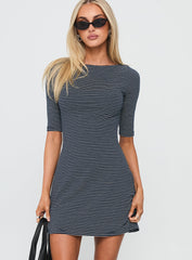 Evyna Boat Neck 3/4 Sleeve Mini Dress Navy Stripe