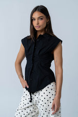 Remi Pleated Button Up In Black - Final Sale