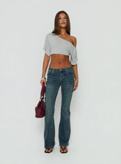 Miskie Draped Off Shoulder Micro Crop Top Grey