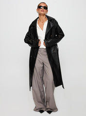 Think Later Faux Leather Trench Coat Black