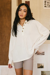 Isabelle Waffle Knit Henley Top In Cream - Final Sale