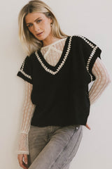 Hazel Embroidered Sweater Top in Black - FINAL SALE
