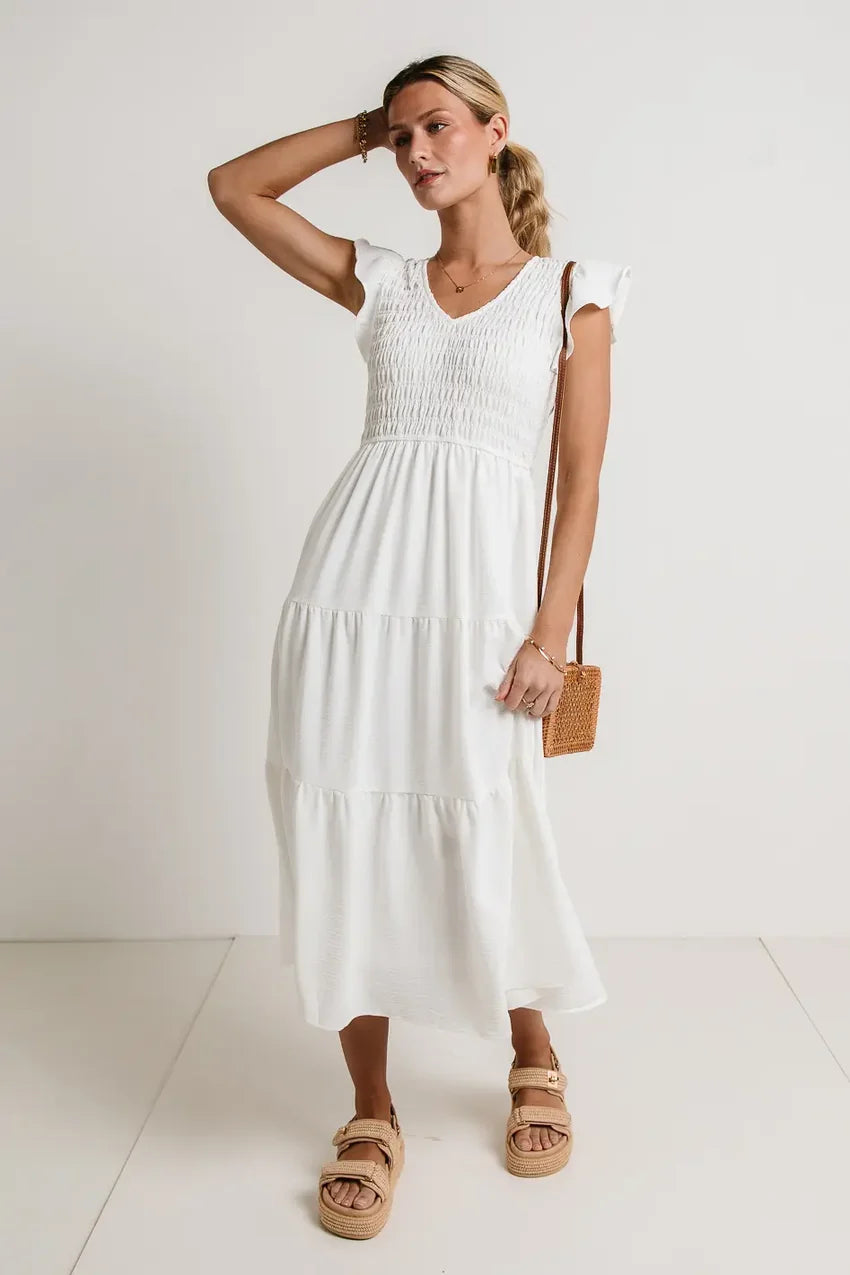 Rain Smocked Midi Dress in White - FINAL SALE