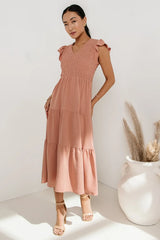 Rain Smocked Midi Dress In Peach - Final Sale