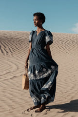 Isabeau Embroidered Maxi Dress In Navy - Final Sale
