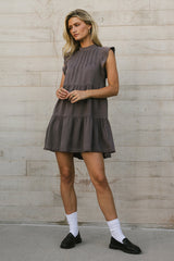 Regina Pleated Mini Dress In Charcoal - Final Sale