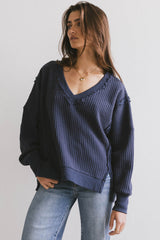Ellis Waffle Knit Top In Navy - Final Sale