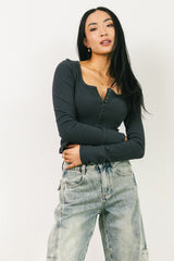Abigail Waffle Knit Top In Charcoal - Final Sale