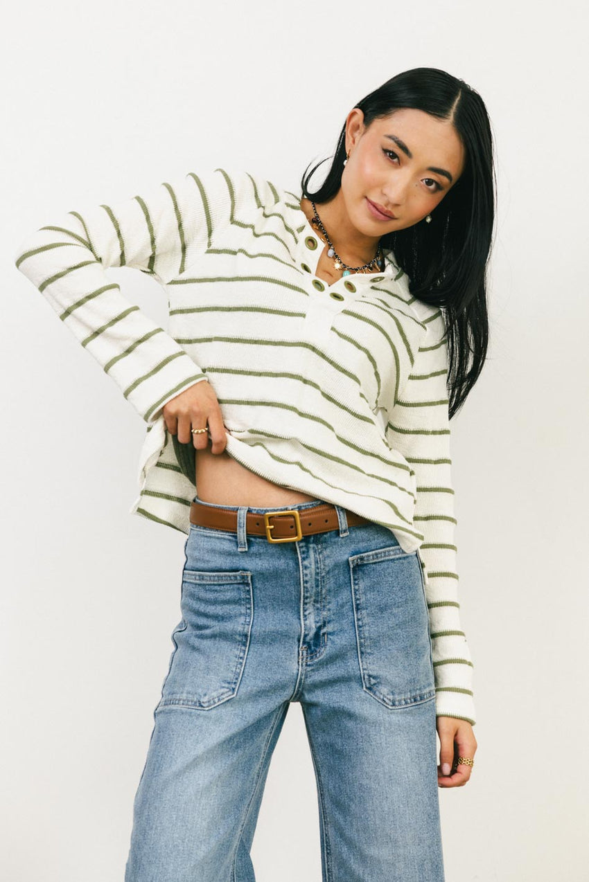 Franny Striped Grommet Top in Olive - FINAL SALE