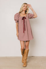 Cody Gingham Mini Dress In Burgundy