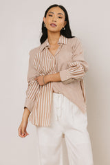 Gia Striped Button Up in Taupe - FINAL SALE