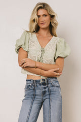 Sylas Embroidered Blouse In Sage - Final Sale