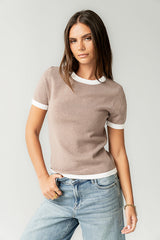 Maddie Ringer Sweater Top In Taupe