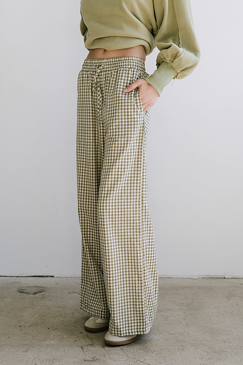 Ada Gingham Wide Leg Pants in Olive - FINAL SALE