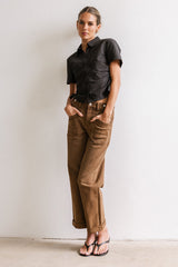 Brandy Ruched Button Up In Black - Final Sale