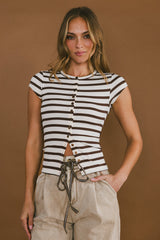 Vestia Striped Button Up Tee In Brown - Final Sale