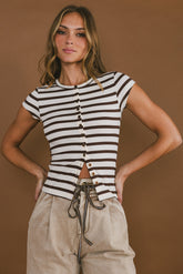 Vestia Striped Button Up Tee in Brown - FINAL SALE