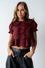 Chrissy Lace Trim Blouse In Burgundy - Final Sale