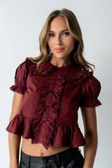 Chrissy Lace Trim Blouse in Burgundy - FINAL SALE