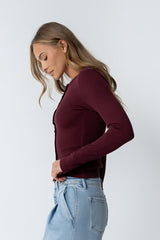 Mia Button Up Top In Burgundy
