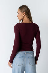 Mia Button Up Top In Burgundy