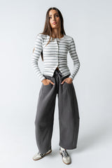 Mia Button Up Top In Striped Grey - Final Sale