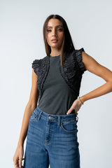 Storie Mixed Media Top In Charcoal - Final Sale