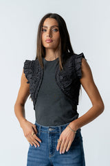 Storie Mixed Media Top In Charcoal - Final Sale