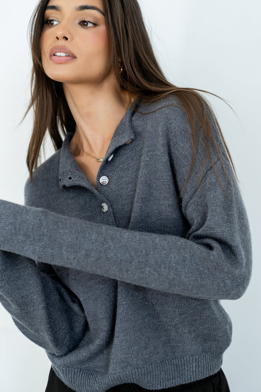 Meli Button Front Knit Sweater in Grey - FINAL SALE