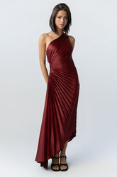 Asymmetrical Pleated Maxi Dress in Wine - FINAL SALE