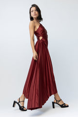 Asymmetrical Pleated Maxi Dress In Wine - Final Sale