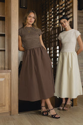 Lorie Mixed Media Maxi Dress in Brown