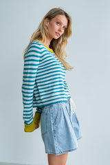 Kailey Striped Cardigan In Teal
