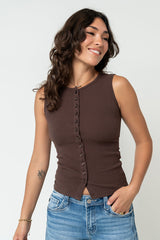 Lucas Button Up Tank Top In Brown - Final Sale