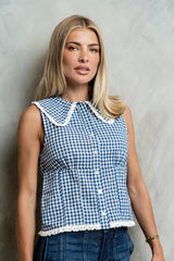 Nelly Gingham Collared Tank In Blue - Final Sale