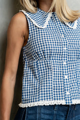 Nelly Gingham Collared Tank In Blue - Final Sale