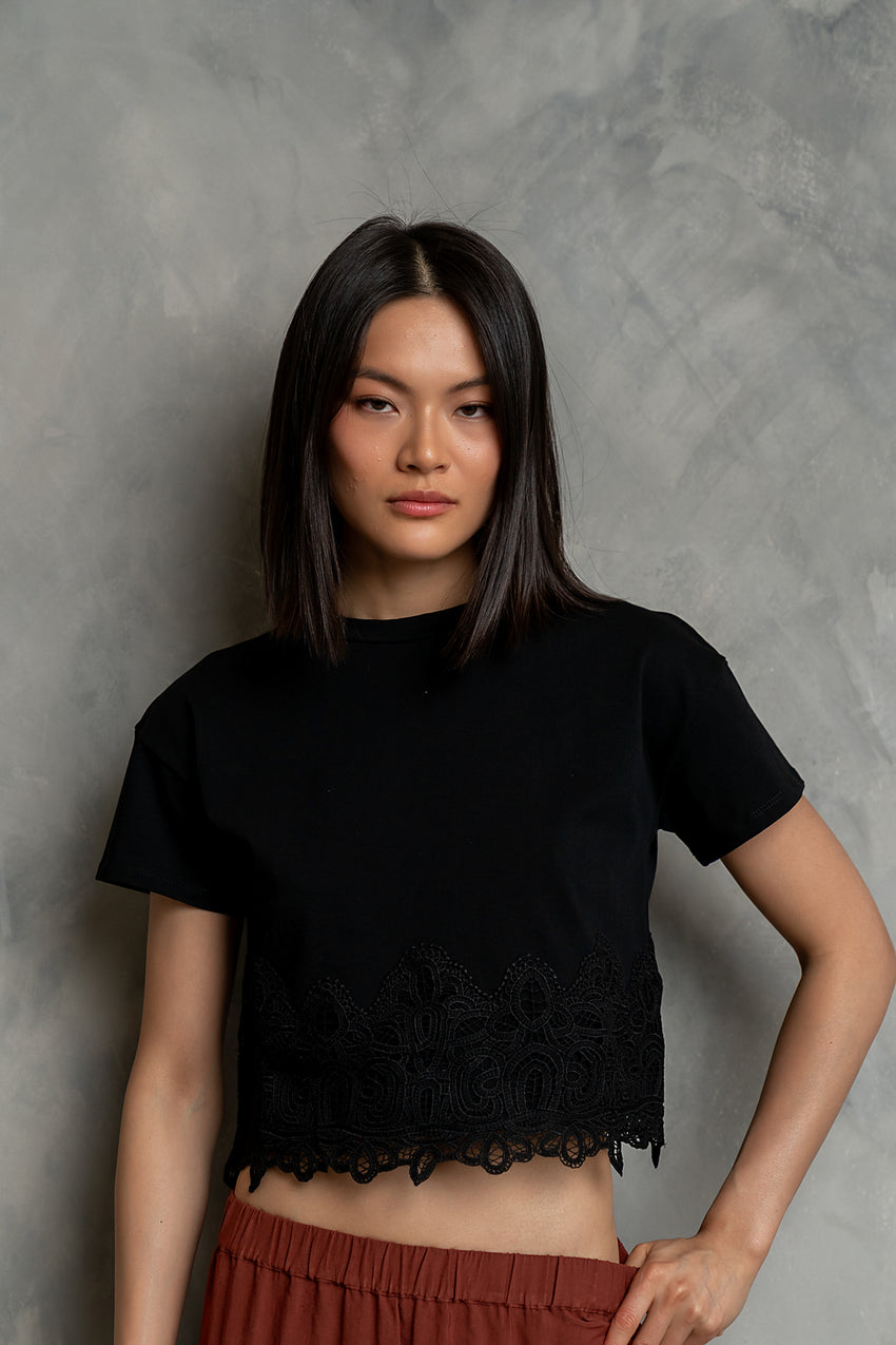 Karen Lace Trim Top in Black