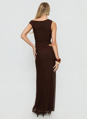 Krystyna Off Shoulder Ruched Maxi Dress Chocolate