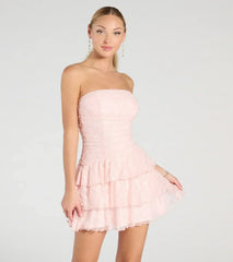 Lovely Nights Strapless Lace Ruffle Skater Dress