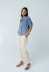 Whitney Button Up Blouse In Medium Wash - Final Sale