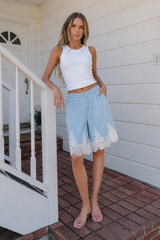Mazie Lace Trim Shorts in Light Wash